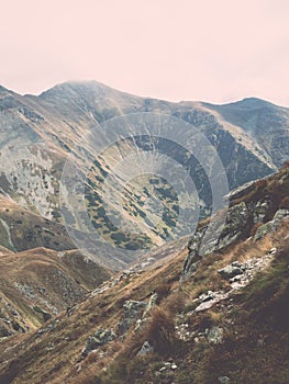 Tatry na Slovensku zahalené mrakmi - vintage efekt