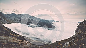 Tatra mountains in Slovakia covered with clouds - vintage effect