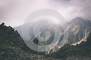 Tatra mountains in Slovakia covered with clouds - vintage film e