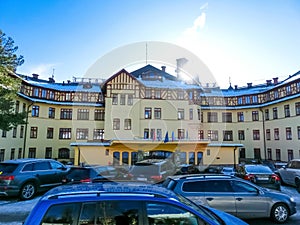 Tatranska Lomnica, Slovakia - January 01, 2020: The Grand Hotel, sky and clouds in slovakian mountains.