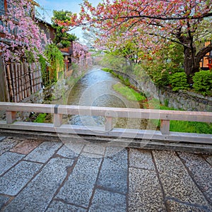 Tatsumi bashi bridge crosses Shirakawa river is the iconic place of Gion district in Kyoto, Japan