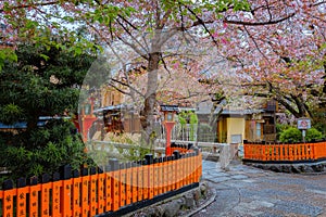 Tatsumi bashi bridge crosses Shirakawa river is the iconic place of Gion district in Kyoto, Japan