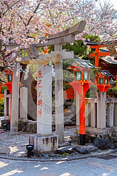 Tatsumi Daimyojin Shrine situated nearby Tatsumu bashi bridge in Gion district