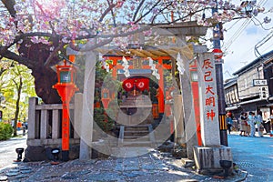 Tatsumi Daimyojin Shrine situated nearby Tatsumu bashi bridge in Gion district in Kyoto, Japan