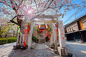 Tatsumi Daimyojin Shrine situated nearby Tatsumu bashi bridge in Gion district n Kyoto, Japan