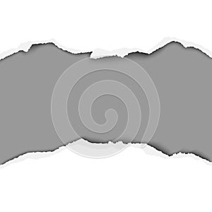 Tattered middle of white paper with torn edges, soft shadow and dark gray background of the resulting hole. Vector paper template
