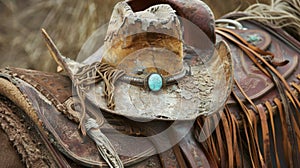 A tattered tasseled cowboy hat rests on a worn leather saddle its band adorned with a few remaining ss of tarnished