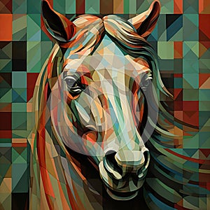 Vibrant Geometric Horse Portrait In Tattersall Style Mosaic photo
