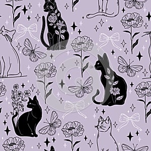 Pastel Purple Modern Tattoo Style Seamless Pattern with Black Cats, Butterflies, Flowers, and Bows. Vector background photo