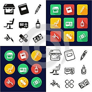 Tattoo All in One Icons Black & White Color Flat Design Freehand Set