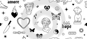 Tattoo art 1990s, 2000s. Y2k seamless pattern. Butterfly, fire, flame, chain, heart, greek statue.