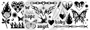 Tattoo art 1990s, 2000s. Y2k stickers. Butterfly, barbed wire, fire, flame, chain, heart.
