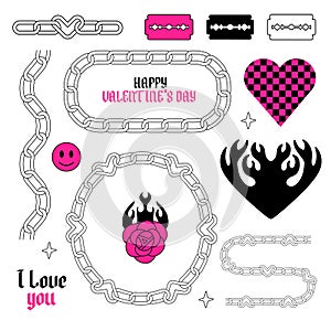 Tattoo art clipart in 1990s, 2000s years style. Y2k groovy stickers. Different emo chains, retro blade, rose, flame