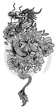Tattoo art dargon in flower drawing sketch black and white