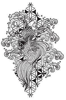 Tattoo art japan fishs design hand drawing and sketch black and white