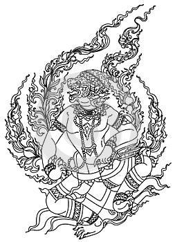 Tattoo art monkey in thai literature hand drawing and sketch