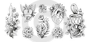 Tattoo art. Old school retro body prints design with knife and roses. Isolated anchor or cross tattooing. Playing cards and