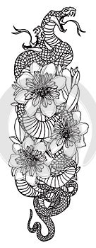 Tattoo art snak and flower drawing and sketch black and white