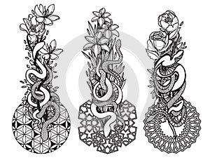 Tattoo art snak and flower drawing and sketch black and white