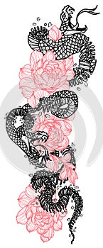 Tattoo art snake remains but the skeleton and flower drawing and sketch