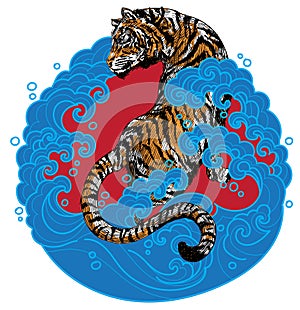 Tattoo art Tiger in the blue water