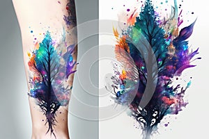 Tattoo art. Woman body with abstract tree made of paint splashes