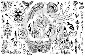 Tattoo design set with gothic icons and mystic symbols on white