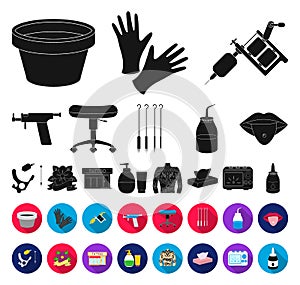 Tattoo, drawing on the body black,flat icons in set collection for design. Tattoo salon and equipment vector symbol