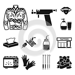 Tattoo, drawing on the body black icons in set collection for design. Tattoo salon and equipment vector symbol stock web