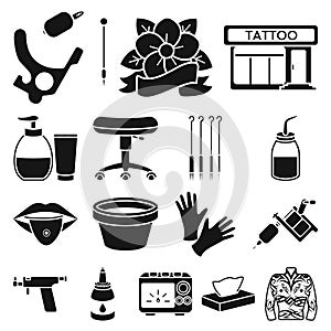 Tattoo, drawing on the body black icons in set collection for design. Tattoo salon and equipment vector symbol stock web