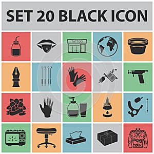 Tattoo, drawing on the body black icons in set collection for design. Tattoo salon and equipment vector symbol stock web