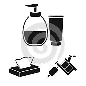 Tattoo, drawing on the body black icons in set collection for design. Tattoo salon and equipment vector symbol stock web