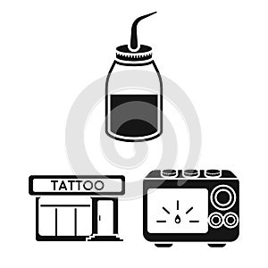 Tattoo, drawing on the body black icons in set collection for design. Tattoo salon and equipment vector symbol stock web