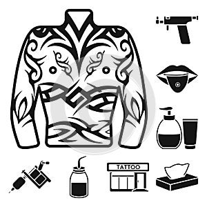 Tattoo, drawing on the body black icons in set collection for design. Tattoo salon and equipment vector symbol stock web