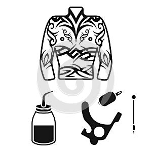 Tattoo, drawing on the body black icons in set collection for design. Tattoo salon and equipment vector symbol stock web