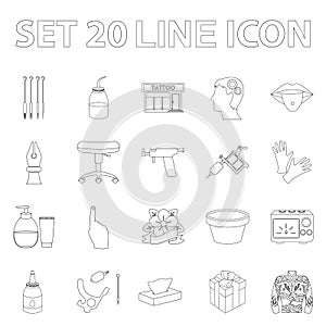 Tattoo, drawing on the body outline icons in set collection for design. Tattoo salon and equipment vector symbol stock