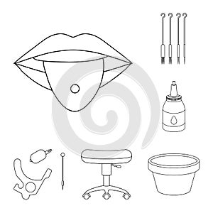 Tattoo, drawing on the body outline icons in set collection for design. Tattoo salon and equipment vector symbol stock