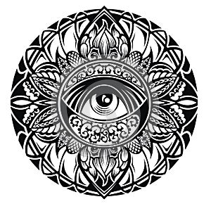 Tattoo eye in round floral frame on white background
