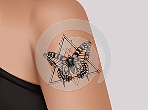 Tattoo on female shoulder. Mystic butterfly tattoo. Template of banner for tattoo parlor