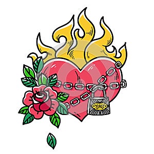 Tattoo flaming heart bound by chains of love. Burning heart with rose. Tattoo heart in fetters of love.Old school styled