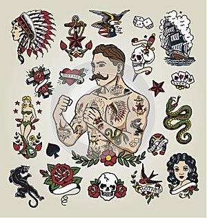 Tattoo flash set. tattoo hipster man and various tattoo images.