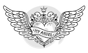 Tattoo flying heart with crown and forged ornament.Tattoo heart with wings, ribbon and flowers. MY ANGEL.Black and white