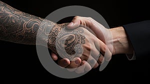 Tattoo Handshake two businessmen signifies successful agreement Black Background. Generative AI