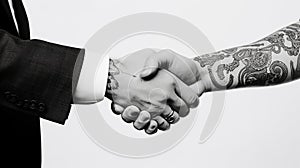 Tattoo Handshake two businessmen signifies successful agreement White Background. Generative AI