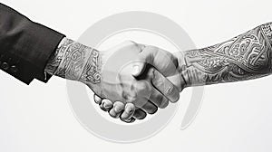 Tattoo Handshake two businessmen signifies successful agreement White Background. Generative AI