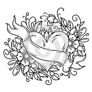 Tattoo heart decorated ribbon, blue flowers, leaves, curls. Balck and white holiday illustration for Valentines Day.