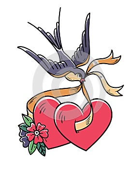 Tattoo heart with flowers and bird. Swallow carries over two hearts on ribbon. Illustration, sticker for Valentines Day.