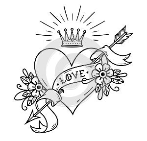 Tattoo heart pierced by arrow with crown, ribbon