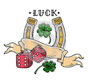 Tattoo horseshoe with dice, ribbon and shamrock clover. Good Luck tattoo. Symbol of luck in gambling and life.