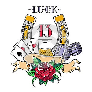 Tattoo horseshoe with playing cards, dice, rose and fatal number 13. Good Luck tattoo. Symbol of luck in gambling